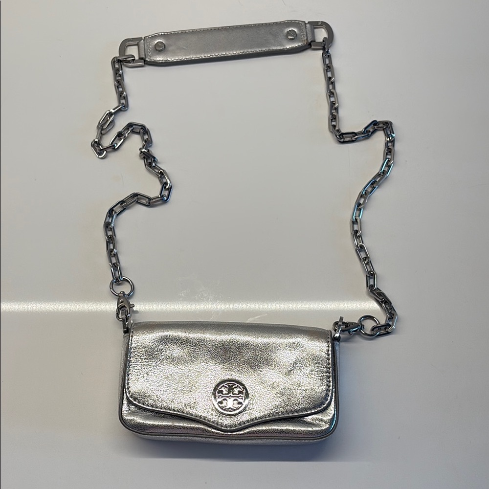 Tory Burch Metallic Silver Crossbody Bag with Chain Strap